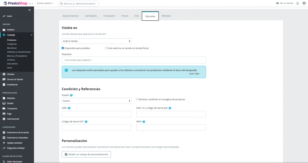 personalización de productos en Prestashop